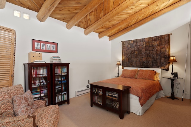 15 Cielo Cumbre Rd, Santa Fe, NM 87505 - carpeted bedroom with a baseboard heating unit and a wooden ceiling with exposed beams