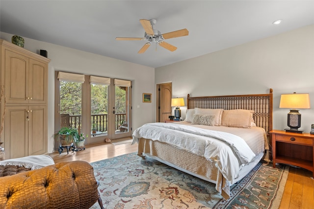 1203 Sierra Del Este, Santa Fe, NM 87501 - bedroom featuring access to exterior, light wood finished floors, ceiling fan, and recessed lighting