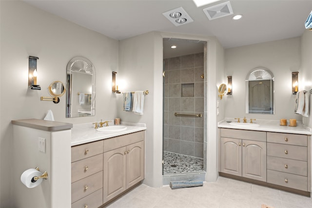 1203 Sierra Del Este, Santa Fe, NM 87501 - full bathroom with a shower stall, two vanities, recessed lighting, and tile patterned floors
