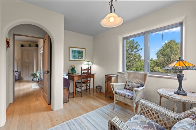 1203 Sierra Del Este, Santa Fe, NM 87501 - living area with light wood finished floors, arched walkways, and an office area