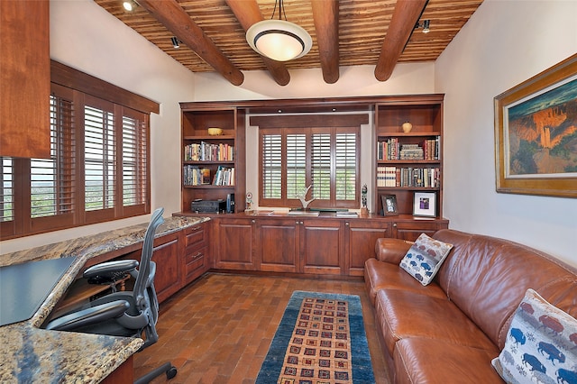 95 Lodge Trl, Santa Fe, NM 87506 - office space featuring a wooden ceiling with exposed beams, brick floors, plenty of natural light, and built in study area