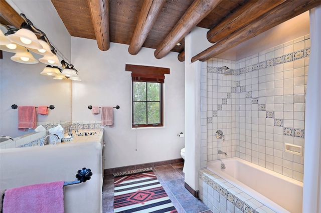 95 Lodge Trl, Santa Fe, NM 87506 - bathroom featuring a wood ceiling with exposed beams, vanity, tile patterned flooring, and tiled shower / bath combo