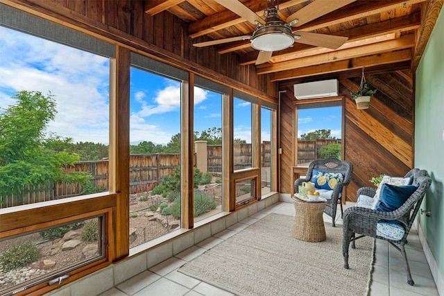 3046 Plaza Blanca, Santa Fe, NM 87507 - sunroom / solarium with tile patterned flooring, a wall mounted air conditioner, a wood ceiling with exposed beams, ceiling fan, and wooden walls