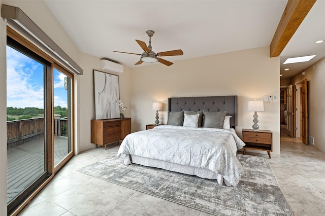 3046 Plaza Blanca, Santa Fe, NM 87507 - bedroom with a wall mounted air conditioner, access to exterior, a skylight, ceiling fan, and recessed lighting