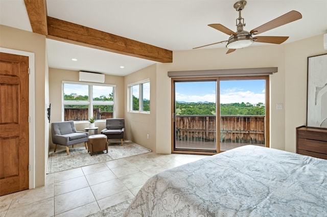 3046 Plaza Blanca, Santa Fe, NM 87507 - bedroom with an AC wall unit, access to exterior, tile patterned flooring, recessed lighting, and beam ceiling