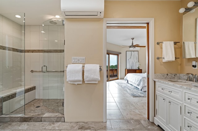 3046 Plaza Blanca, Santa Fe, NM 87507 - full bathroom featuring an AC wall unit, vanity, a stall shower, connected bathroom, and a ceiling fan