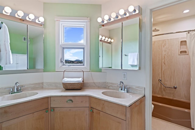 3046 Plaza Blanca, Santa Fe, NM 87507 - bathroom featuring double vanity, shower / tub combo, and tile patterned flooring