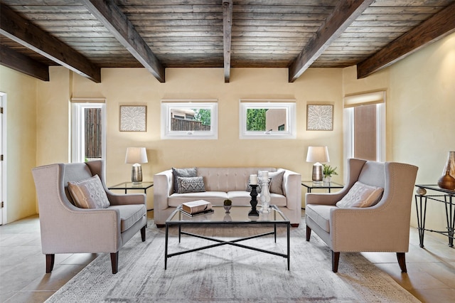 3046 Plaza Blanca, Santa Fe, NM 87507 - living room with a wood ceiling with exposed beams and light tile patterned flooring