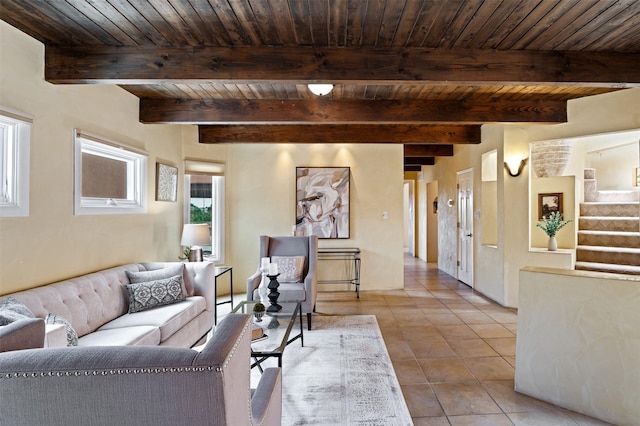 3046 Plaza Blanca, Santa Fe, NM 87507 - tiled living area with wooden ceiling and stairway