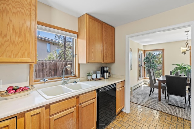 620 Navajo, Los Alamos, NM 87544 - kitchen featuring black dishwasher, light countertops, brick patterned floors, and pendant lighting