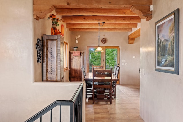 19 Camino Don Carlos, Santa Fe, NM 87506 - dining room featuring beam ceiling and light tile patterned flooring