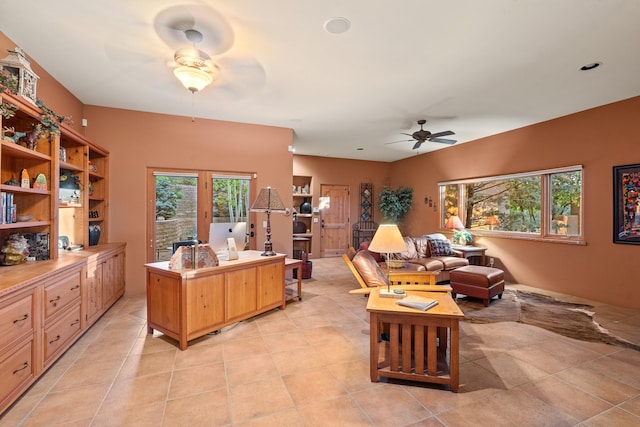 19 Camino Don Carlos, Santa Fe, NM 87506 - living room featuring ceiling fan and light tile patterned flooring