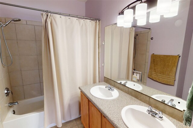 310 Grand Cyn, White Rock, NM 87547 - full bathroom with shower / bath combo with shower curtain, double vanity, and tile patterned flooring