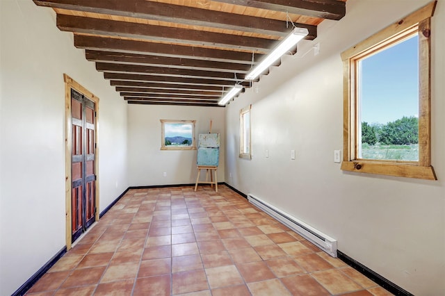 10 Carlito Rd, Santa Fe, NM 87508 - unfurnished room with baseboard heating, beamed ceiling, and light tile patterned flooring