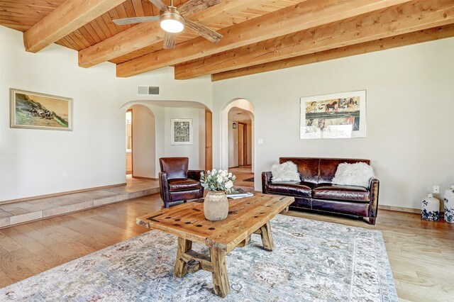 10 Carlito Rd, Santa Fe, NM 87508 - living room with arched walkways, wood-type flooring, a ceiling fan, and a wood ceiling with exposed beams