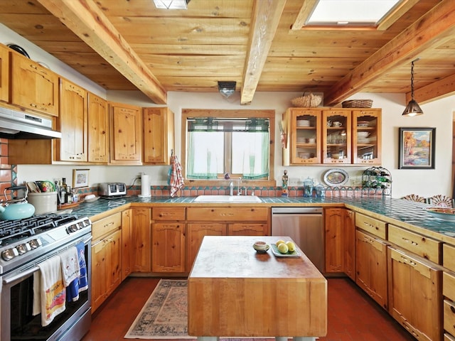 62 Camerada Loop, Santa Fe, NM 87508 - kitchen with under cabinet range hood, appliances with stainless steel finishes, a wood ceiling with exposed beams, glass insert cabinets, and pendant lighting