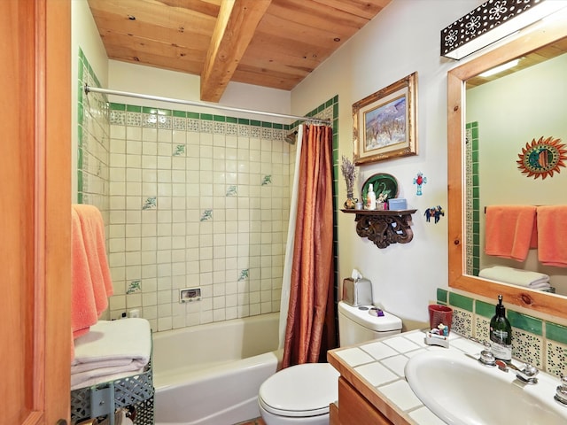 62 Camerada Loop, Santa Fe, NM 87508 - full bathroom featuring shower / bath combination with curtain, vanity, and a wood ceiling with exposed beams