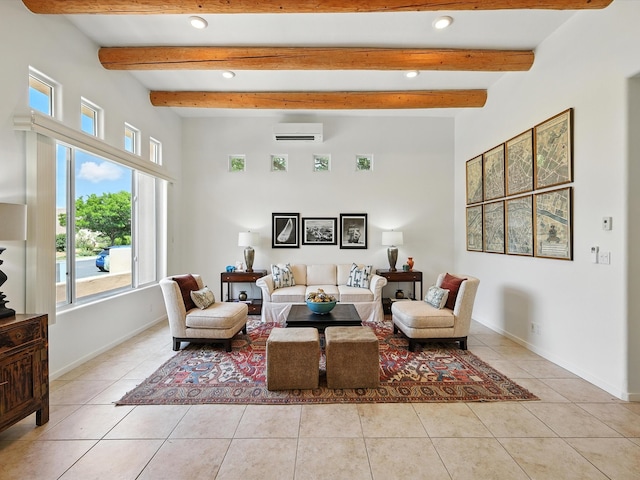 16 Coyote Pass Rd, Santa Fe, NM 87508 - living area featuring an AC wall unit, healthy amount of natural light, recessed lighting, light tile patterned flooring, and beamed ceiling