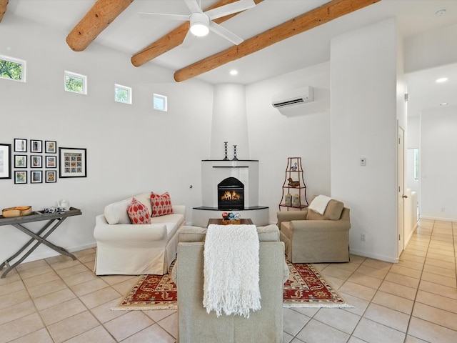 16 Coyote Pass Rd, Santa Fe, NM 87508 - living room with an AC wall unit, light tile patterned floors, beamed ceiling, a ceiling fan, and recessed lighting