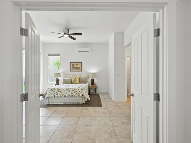 16 Coyote Pass Rd, Santa Fe, NM 87508 - bedroom featuring an AC wall unit, light tile patterned floors, and a ceiling fan