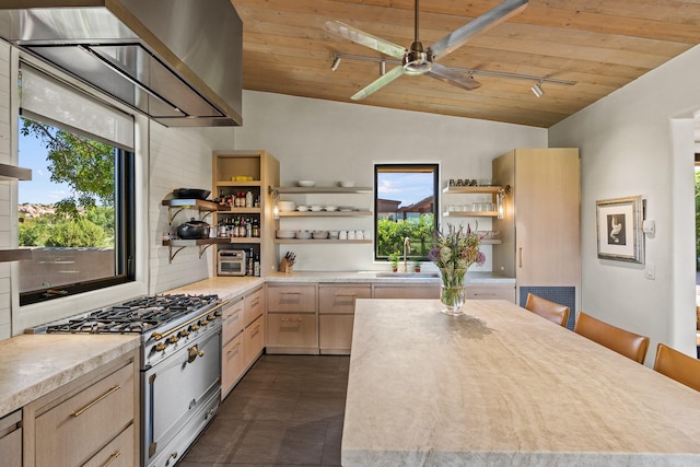 24 Whispering Spirits Dr, Cerrillos, NM 87010 - kitchen with high end stainless steel range oven, open shelves, extractor fan, light brown cabinetry, and wood ceiling