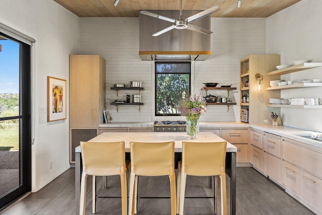 24 Whispering Spirits Dr, Cerrillos, NM 87010 - kitchen with open shelves, light brown cabinetry, wooden ceiling, a breakfast bar area, and decorative backsplash