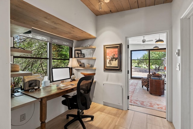 24 Whispering Spirits Dr, Cerrillos, NM 87010 - home office with light wood-type flooring, healthy amount of natural light, wooden ceiling, and a ceiling fan