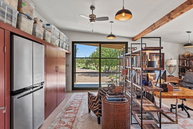 24 Whispering Spirits Dr, Cerrillos, NM 87010 - office area featuring a ceiling fan and beamed ceiling