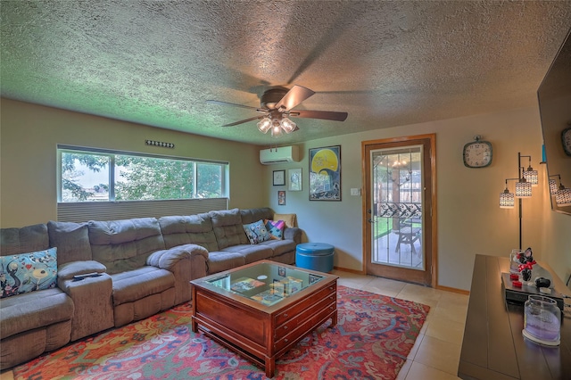 7513 Kachina Loop, Santa Fe, NM 87507 - living area featuring an AC wall unit, light tile patterned floors, a ceiling fan, and a textured ceiling
