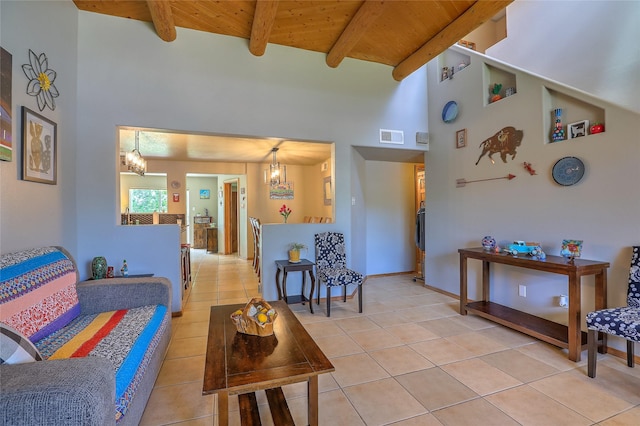 7513 Kachina Loop, Santa Fe, NM 87507 - living area with a chandelier, light tile patterned floors, a wood ceiling with exposed beams, and a high ceiling