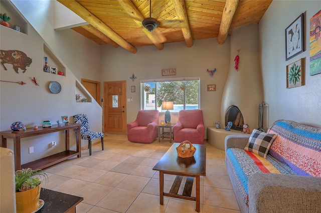 7513 Kachina Loop, Santa Fe, NM 87507 - living area featuring a wood ceiling with exposed beams, light tile patterned floors, and stairway