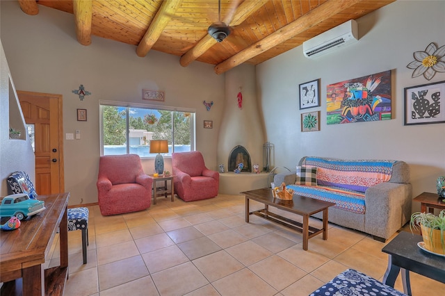 7513 Kachina Loop, Santa Fe, NM 87507 - living area with a wall mounted AC, a wood ceiling with exposed beams, and light tile patterned floors