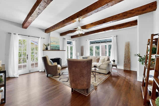 728 Don Gaspar Ave Unit 1A & 1B, Santa Fe, NM 87505 - living area featuring dark wood-type flooring, beam ceiling, french doors, and ceiling fan