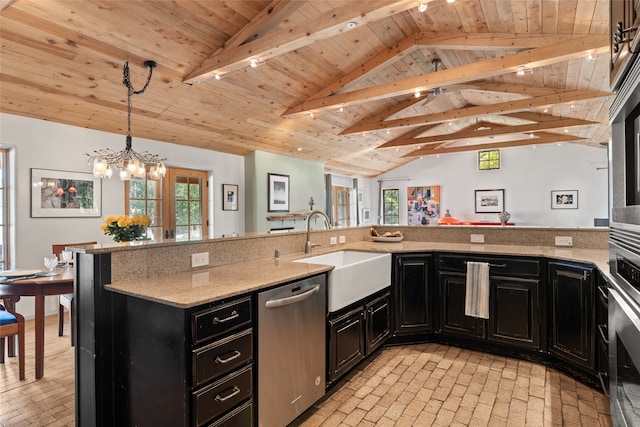 10 Sabina Ln, Santa Fe, NM 87508 - kitchen featuring appliances with stainless steel finishes, dark cabinetry, wood ceiling, and healthy amount of natural light