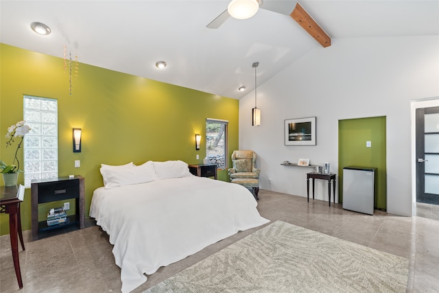 10 Sabina Ln, Santa Fe, NM 87508 - bedroom with beam ceiling, freestanding refrigerator, high vaulted ceiling, and ceiling fan
