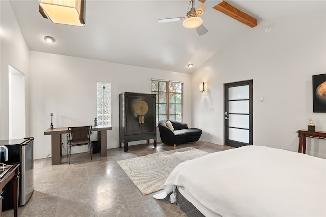 10 Sabina Ln, Santa Fe, NM 87508 - bedroom with beam ceiling, high vaulted ceiling, and a ceiling fan
