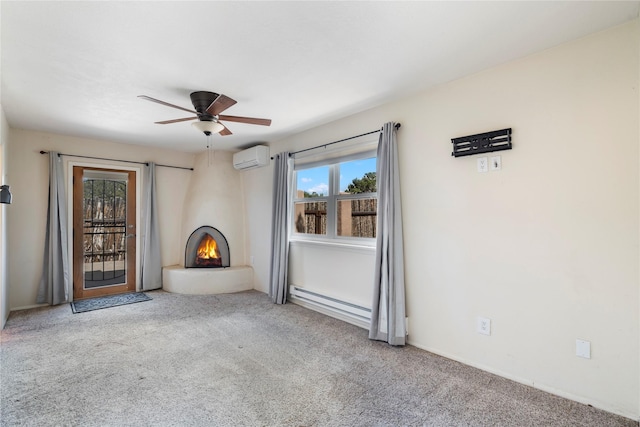 79 Moya Rd, Santa Fe, NM 87508 - unfurnished living room with a baseboard heating unit, carpet floors, a ceiling fan, an AC wall unit, and a fireplace