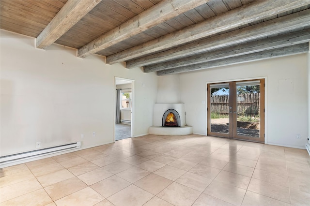 79 Moya Rd, Santa Fe, NM 87508 - unfurnished living room featuring baseboard heating, a wooden ceiling with exposed beams, healthy amount of natural light, light tile patterned floors, and french doors