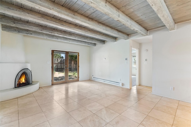 79 Moya Rd, Santa Fe, NM 87508 - unfurnished living room featuring baseboard heating, french doors, light tile patterned floors, a fireplace, and a wooden ceiling with exposed beams