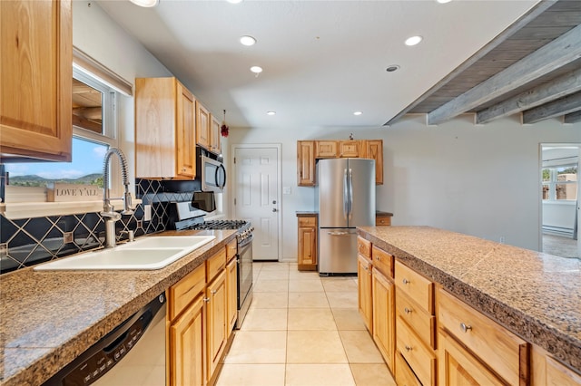79 Moya Rd, Santa Fe, NM 87508 - kitchen with stainless steel appliances, tile countertops, decorative backsplash, recessed lighting, and light tile patterned floors