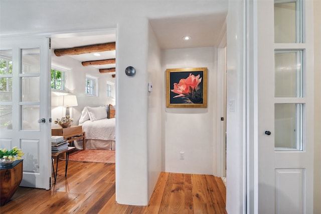 605 Acequia Madre, Santa Fe, NM 87505 - corridor with wood finished floors, recessed lighting, and beamed ceiling