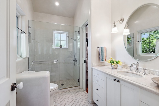 605 Acequia Madre, Santa Fe, NM 87505 - bathroom with plenty of natural light, vanity, and a shower stall