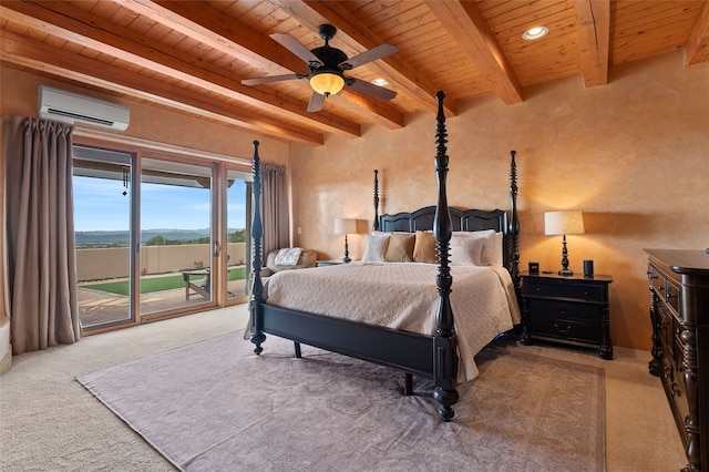 17 Sueno De Santa Fe, Santa Fe, NM 87505 - bedroom featuring a wall mounted AC, a wooden ceiling with exposed beams, access to outside, and carpet