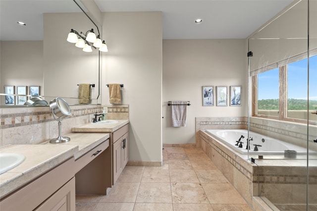 17 Sueno De Santa Fe, Santa Fe, NM 87505 - full bath featuring double vanity, a garden tub, decorative backsplash, and recessed lighting