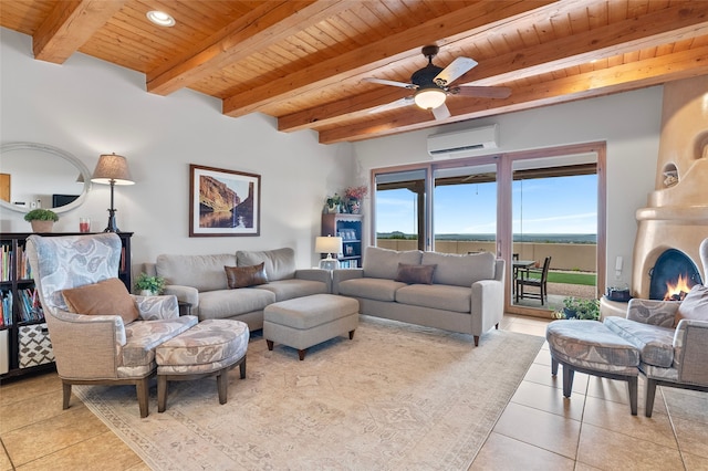 17 Sueno De Santa Fe, Santa Fe, NM 87505 - living room featuring a wooden ceiling with exposed beams, an AC wall unit, light tile patterned flooring, ceiling fan, and recessed lighting
