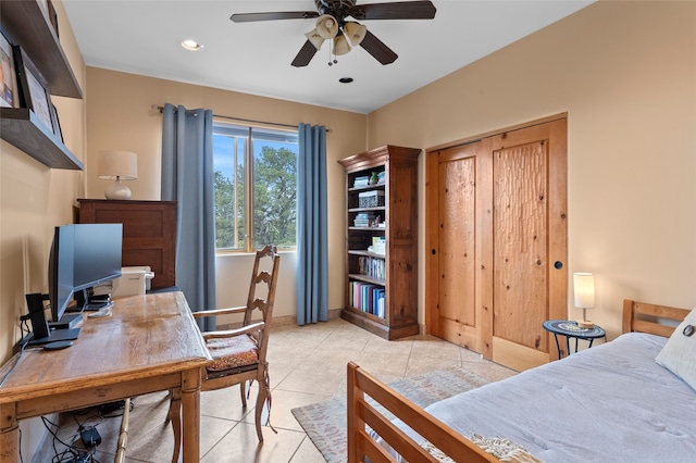 17 Sueno De Santa Fe, Santa Fe, NM 87505 - bedroom with a desk, light tile patterned floors, recessed lighting, and ceiling fan