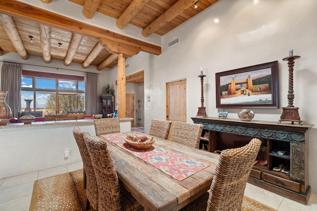 44 Lodge Cir Unit C, Santa Fe, NM 87506 - dining space with a wood ceiling with exposed beams and tile patterned flooring