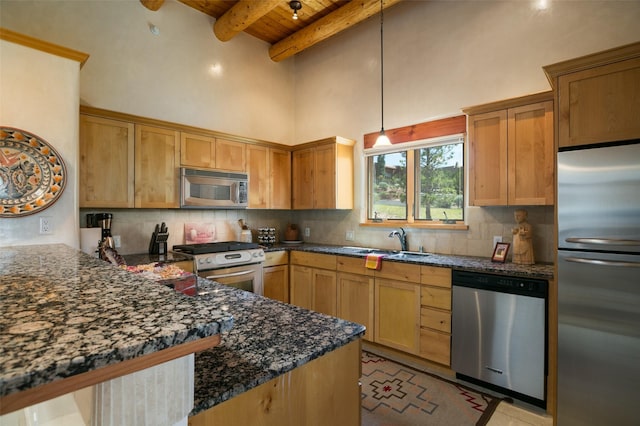 44 Lodge Cir Unit C, Santa Fe, NM 87506 - kitchen with stainless steel appliances, a high ceiling, a wood ceiling with exposed beams, backsplash, and a peninsula