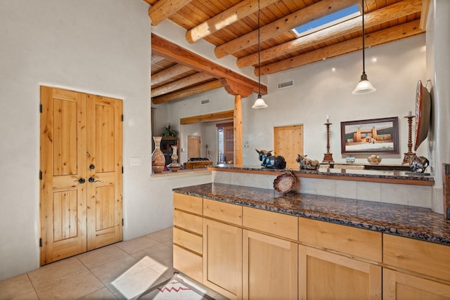 44 Lodge Cir Unit C, Santa Fe, NM 87506 - bathroom with a wooden ceiling with exposed beams and tile patterned flooring