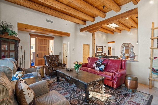 44 Lodge Cir Unit C, Santa Fe, NM 87506 - tiled living area with a wooden ceiling with exposed beams